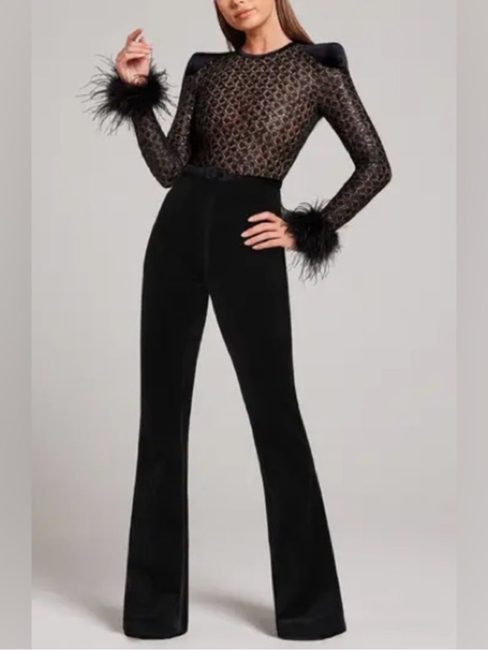 Nadine Merabi Mixed Media Black Monique Velvet Sequin Glitter Feather Jumpsuit